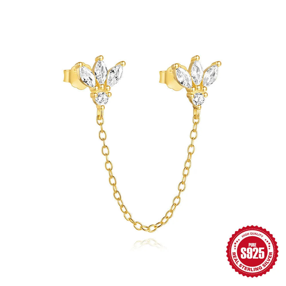 Sterling silver chain stud earrings with zircon inlay in geometric shapes including clover and crown designs