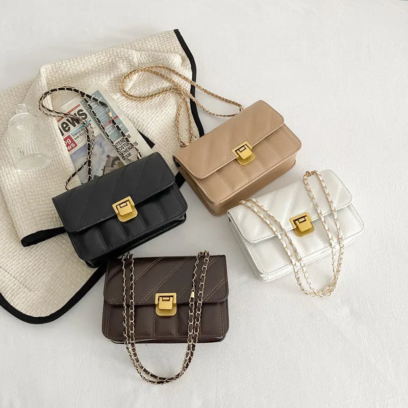 Small square PU shoulder bag with chain detail, single strap, soft horizontal crossbody in white black coffee khaki
