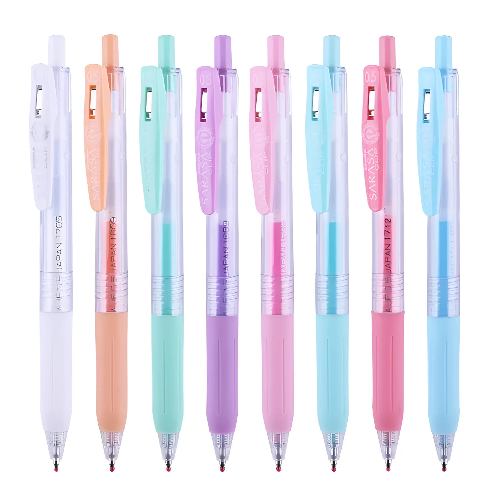 Eight colour press gel pens in milk shades with 0.5mm tip on white background