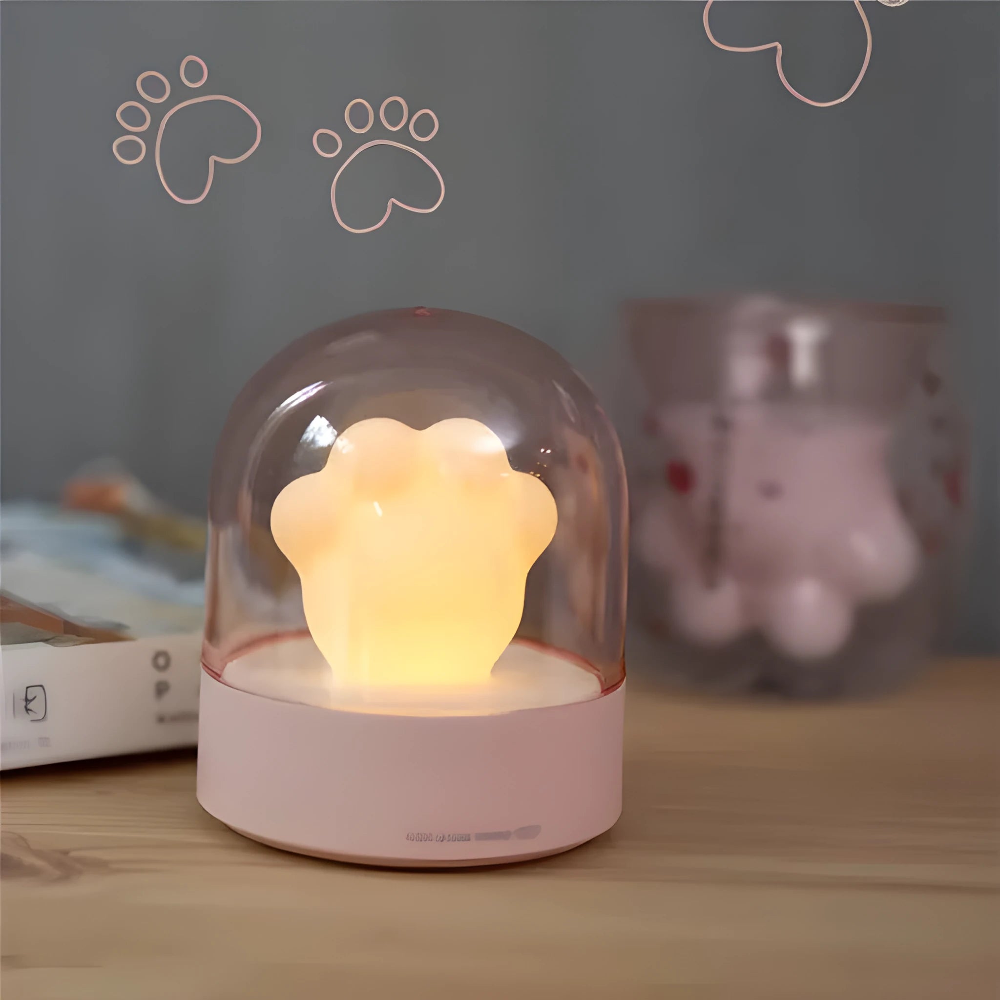 Grey and pink cat paw shaped USB rechargeable musical night light with adjustable brightness