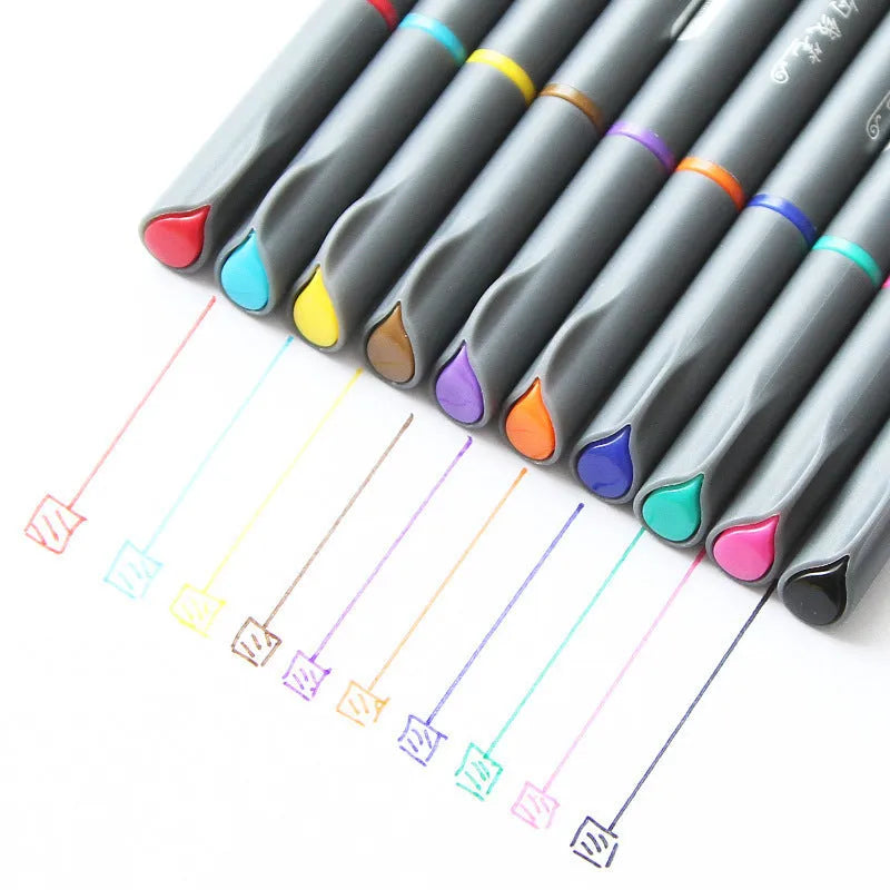 Pack of ten black hook line technical drawing pens with 0.38mm fine tips on a white surface.