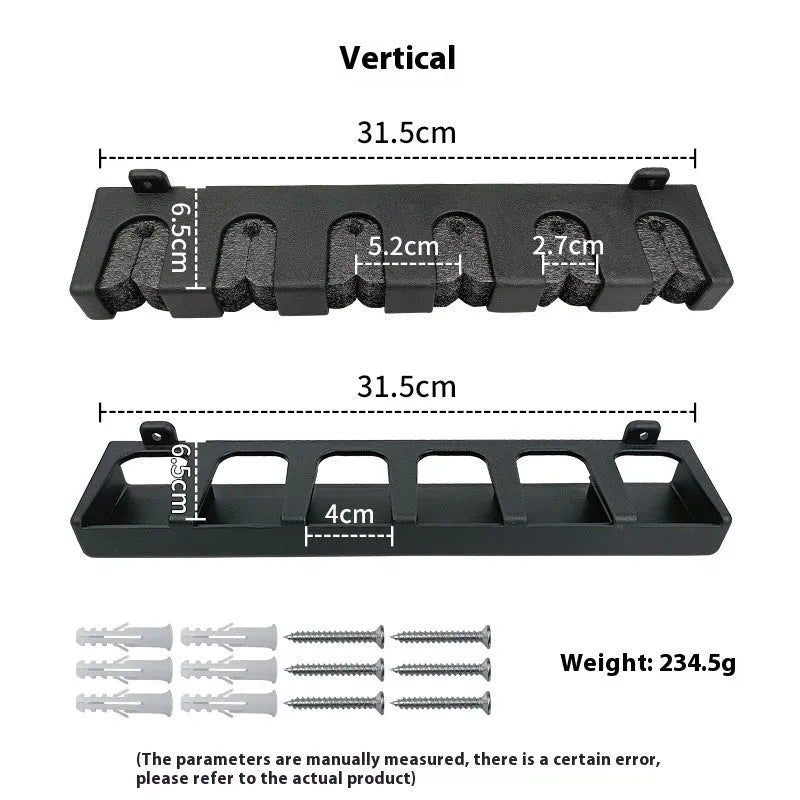 Black ABS plastic wall-mounted fishing rod holder shown in upright and horizontal styles.