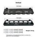 Black ABS plastic wall-mounted fishing rod holder shown in upright and horizontal styles.