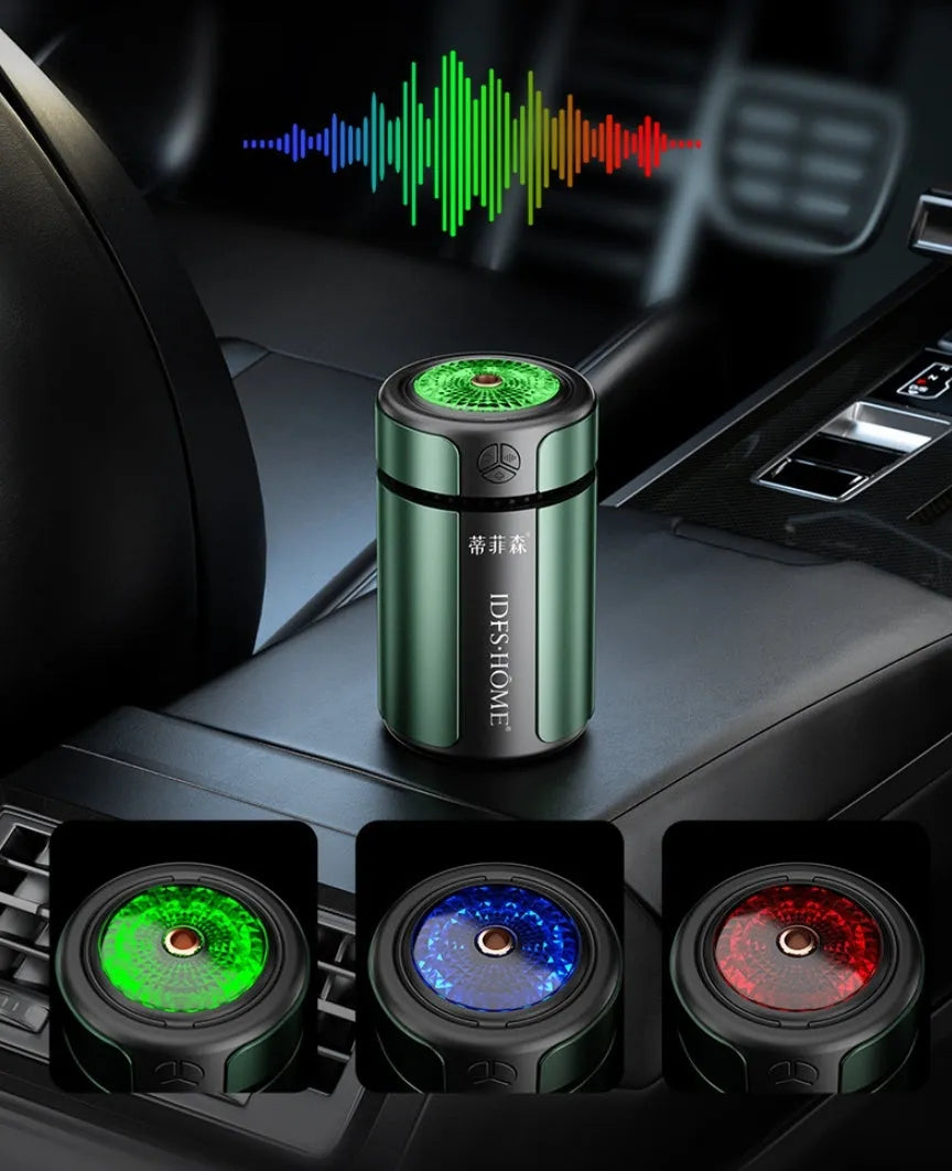 Three-speed adjustable smart rhythm car aroma diffuser in dark green, ABS aluminium alloy, with two essential oil bottles