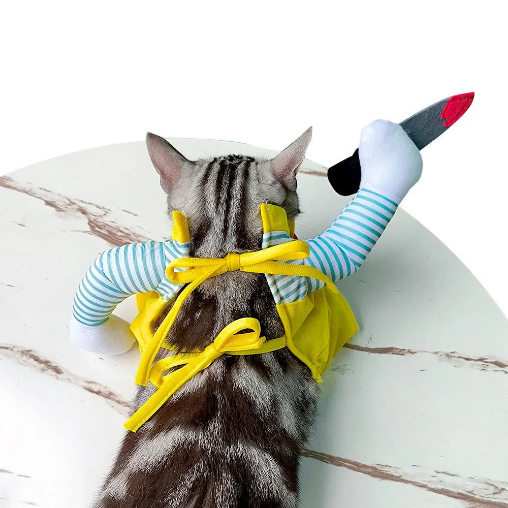 Yellow sword design cat costume in polyester, shown in S, M, L, and XL sizes.