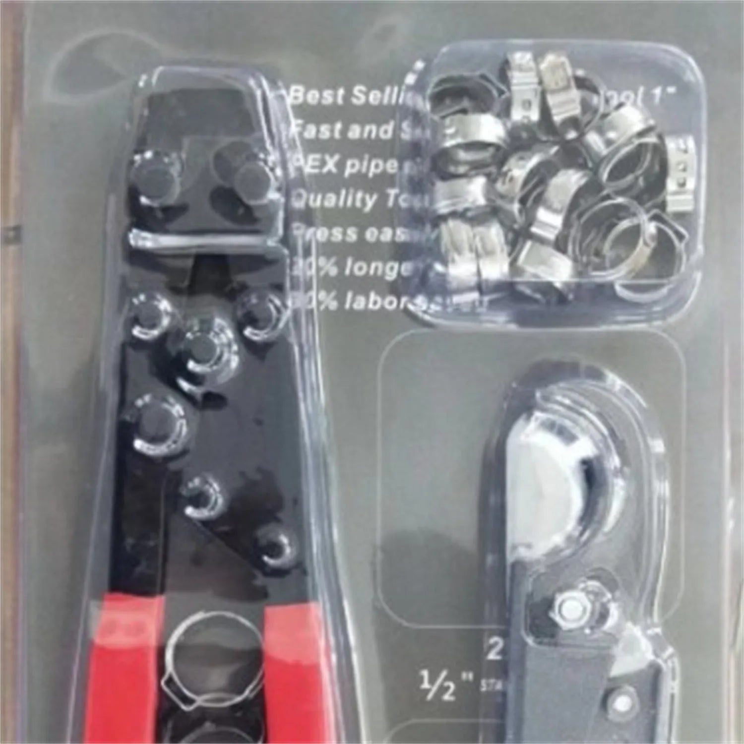 Red cloth style single-ear metal PEX pipe clamp with carbon steel cutting edge.