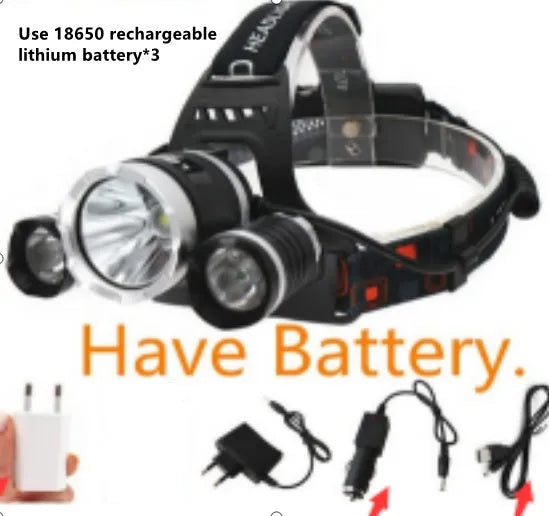 Rechargeable aluminium alloy headlamp with adjustable headband showing 360-degree rotation capability