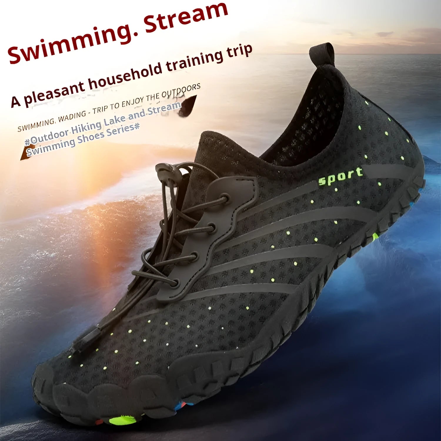 Fast drainage beach swimming shoes with mesh fabric upper and rubber sole in army green colour
