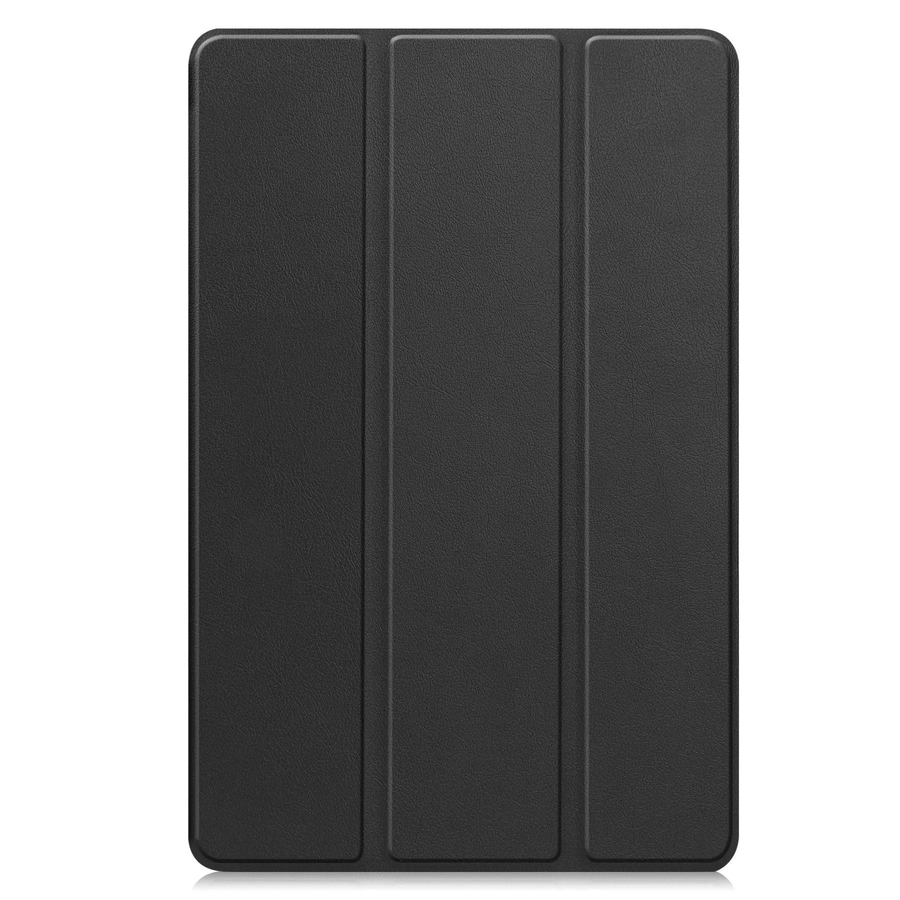 Samsung Tab S10 FE Plus tablet in a tri-fold black leather case with built-in stand open for viewing.