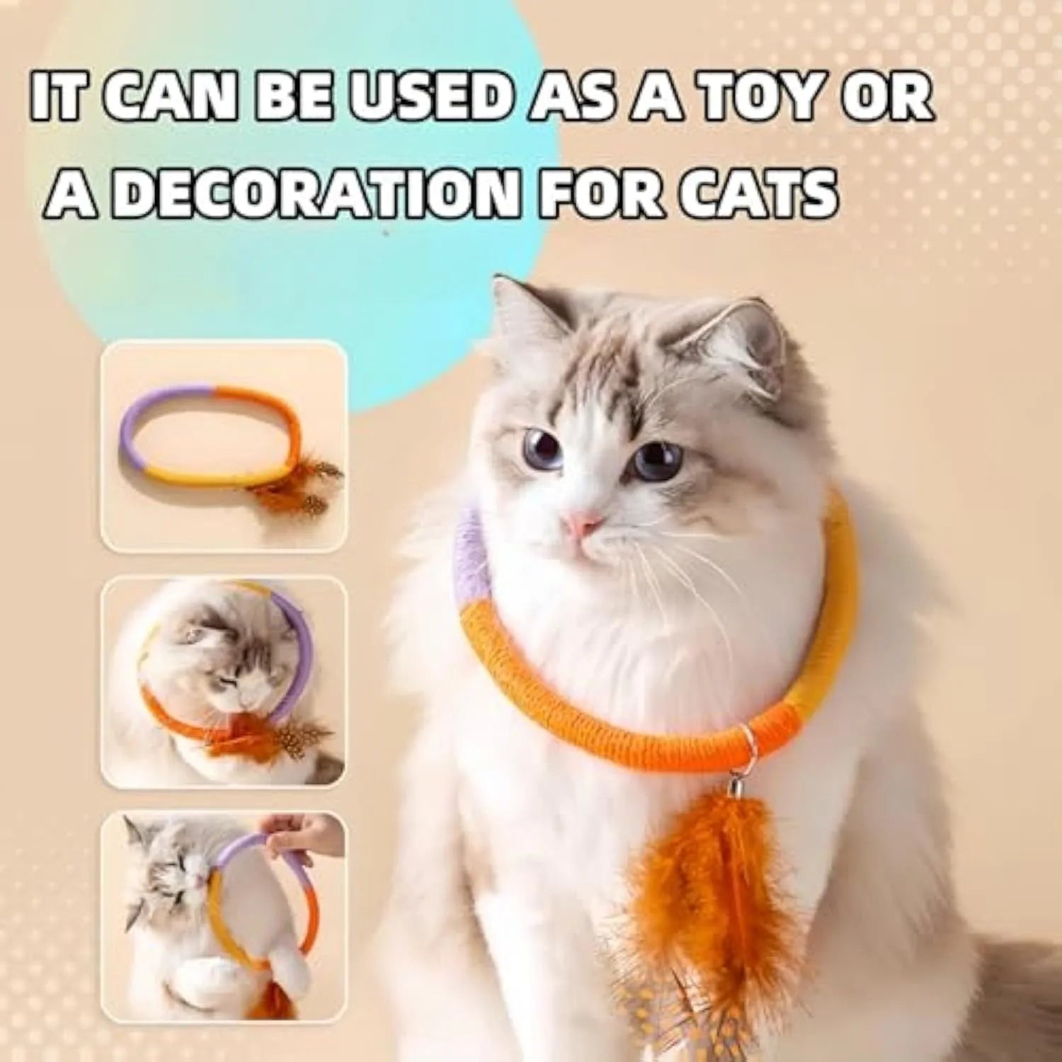 Circular green cotton rope cat toy with feathers and catnip.