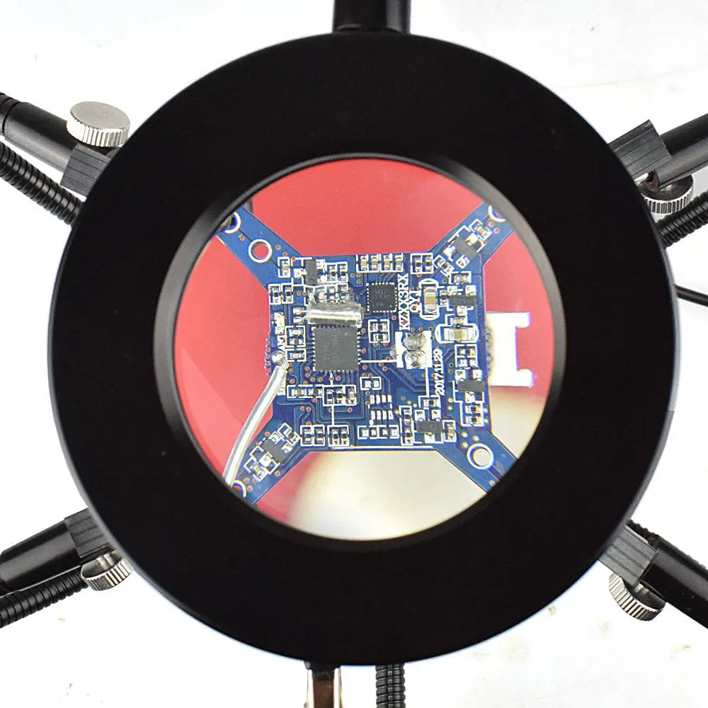 Soldering station LED magnifying glass lamp with 60mm lens, 42 SMD LEDs, aluminium base and gimbal tubes.