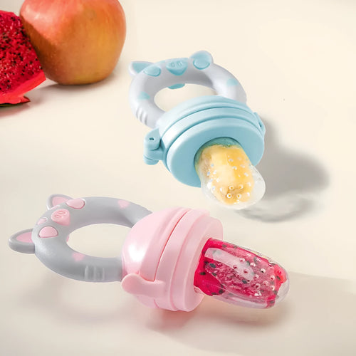 Blue, green, and pink silicone baby teethers showing both single and triple mouthpiece style options.