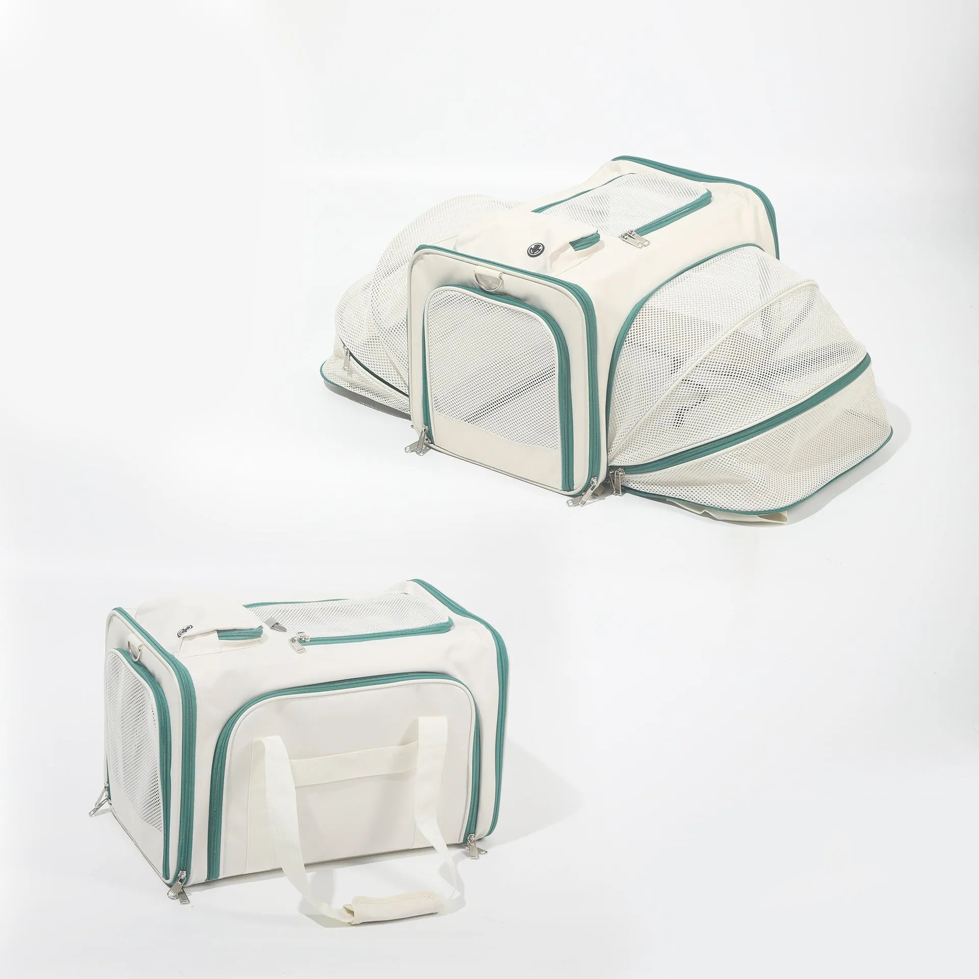 Oxford cloth cat carrier bag in beige extendable style on light background
