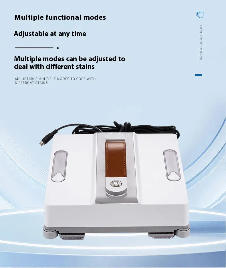 White intelligent window cleaning robot for high-rise buildings with voice and app control options.