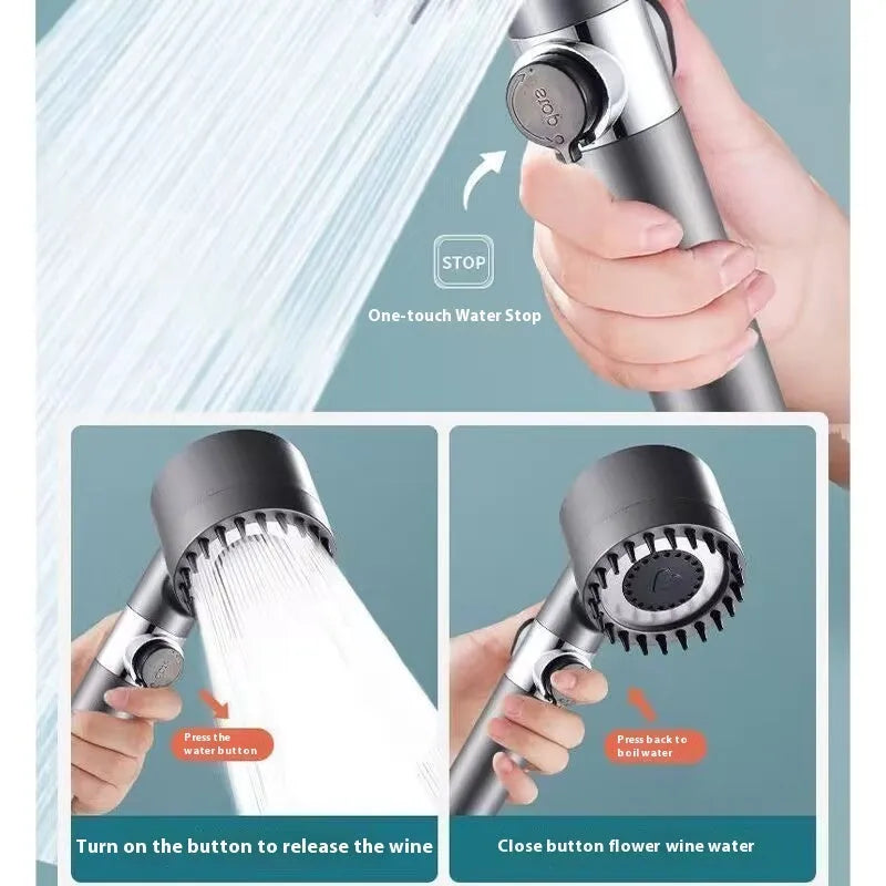 A portable ABS plastic shower head with a modern design, shown with three spray mode icons.
