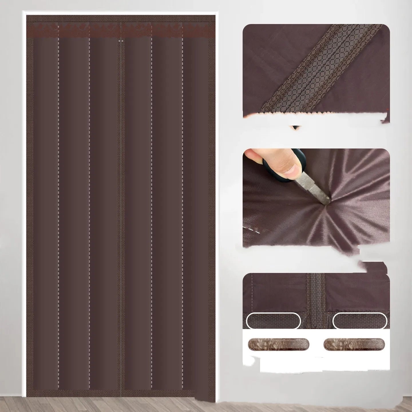 Full seam long magnetic strip cotton door curtain in New Chinese style pattern hanging in a doorway.