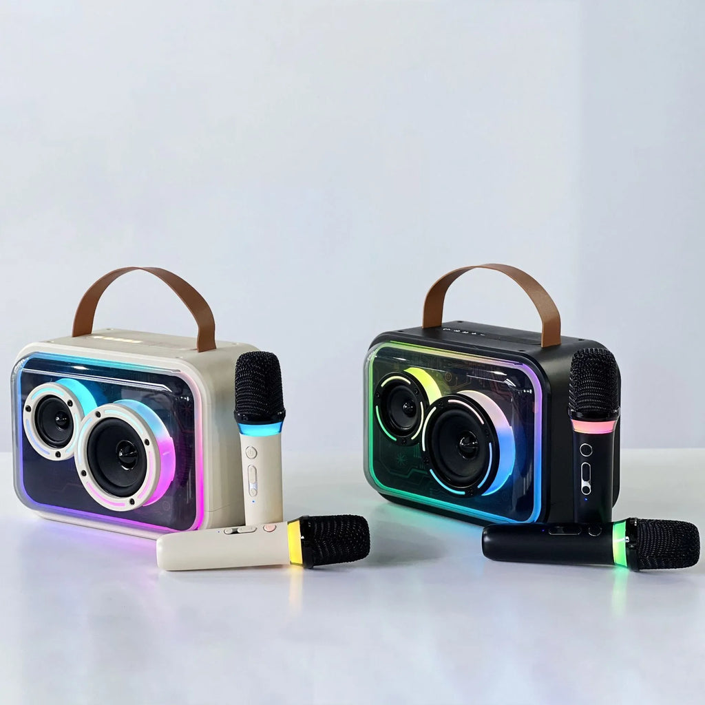 Light yellow portable Bluetooth karaoke speaker with colourful RGB lighting and microphone.