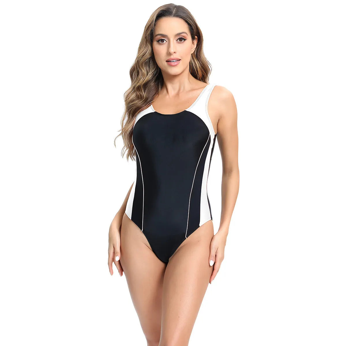A blue, tight-fitting, conservative one-piece swimsuit for women on a mannequin.