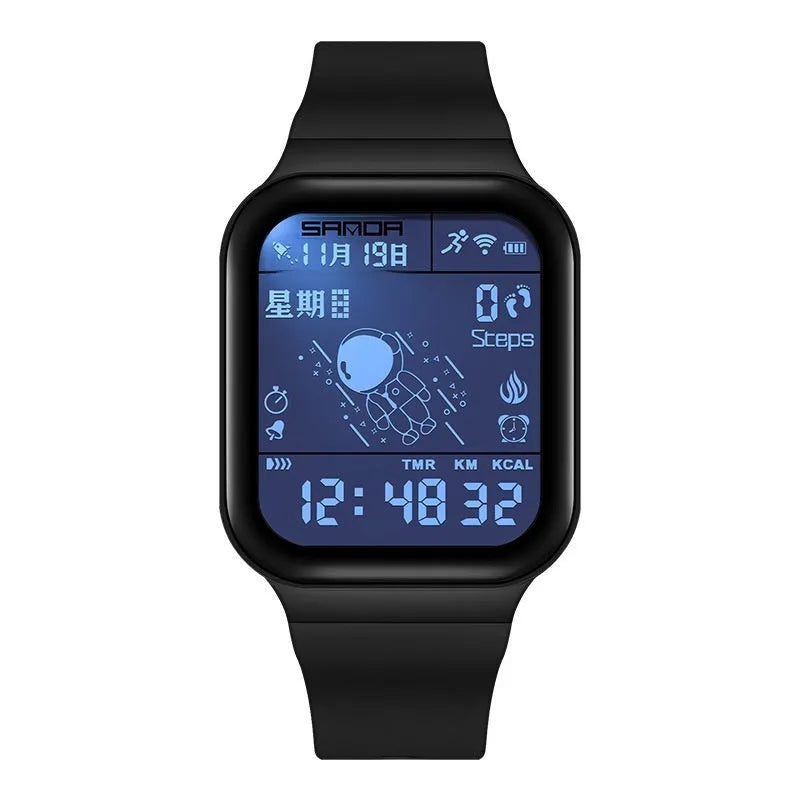 Outdoor sports waterproof step calorie electronic meter pedometer watch in All Black colour