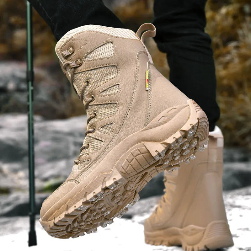 Men's cowhide hi-top hiking shoes in beige, a breathable platform sneaker for outdoor activities.