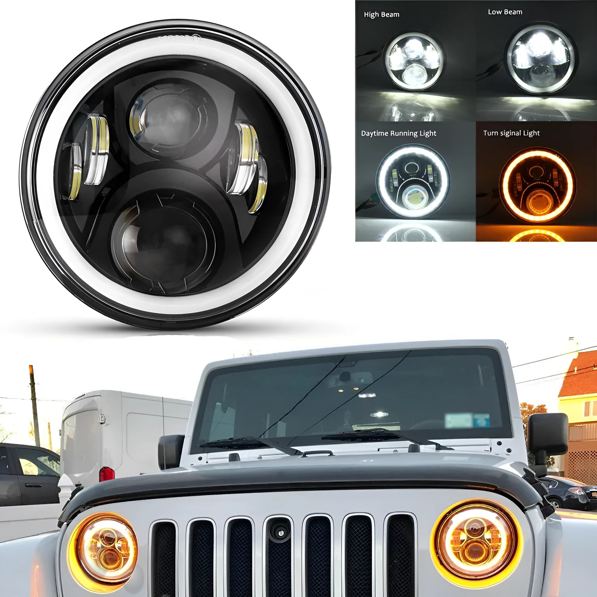 7 inch round LED headlight with angel eyes, black die-cast aluminium housing, polycarbonate lens, 6500K colour temperature