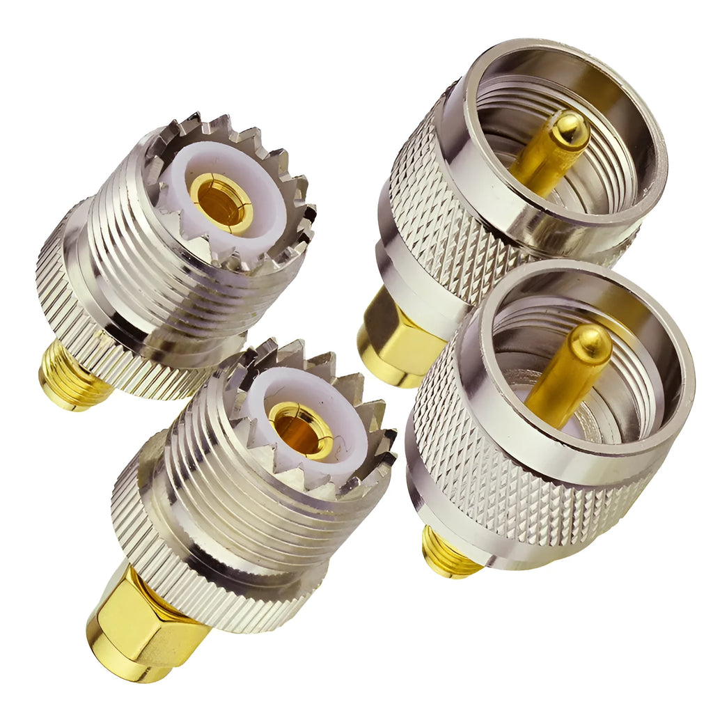 Four-piece UHF male PL259 and SO239 to SMA female coaxial adapter set for radio frequency use