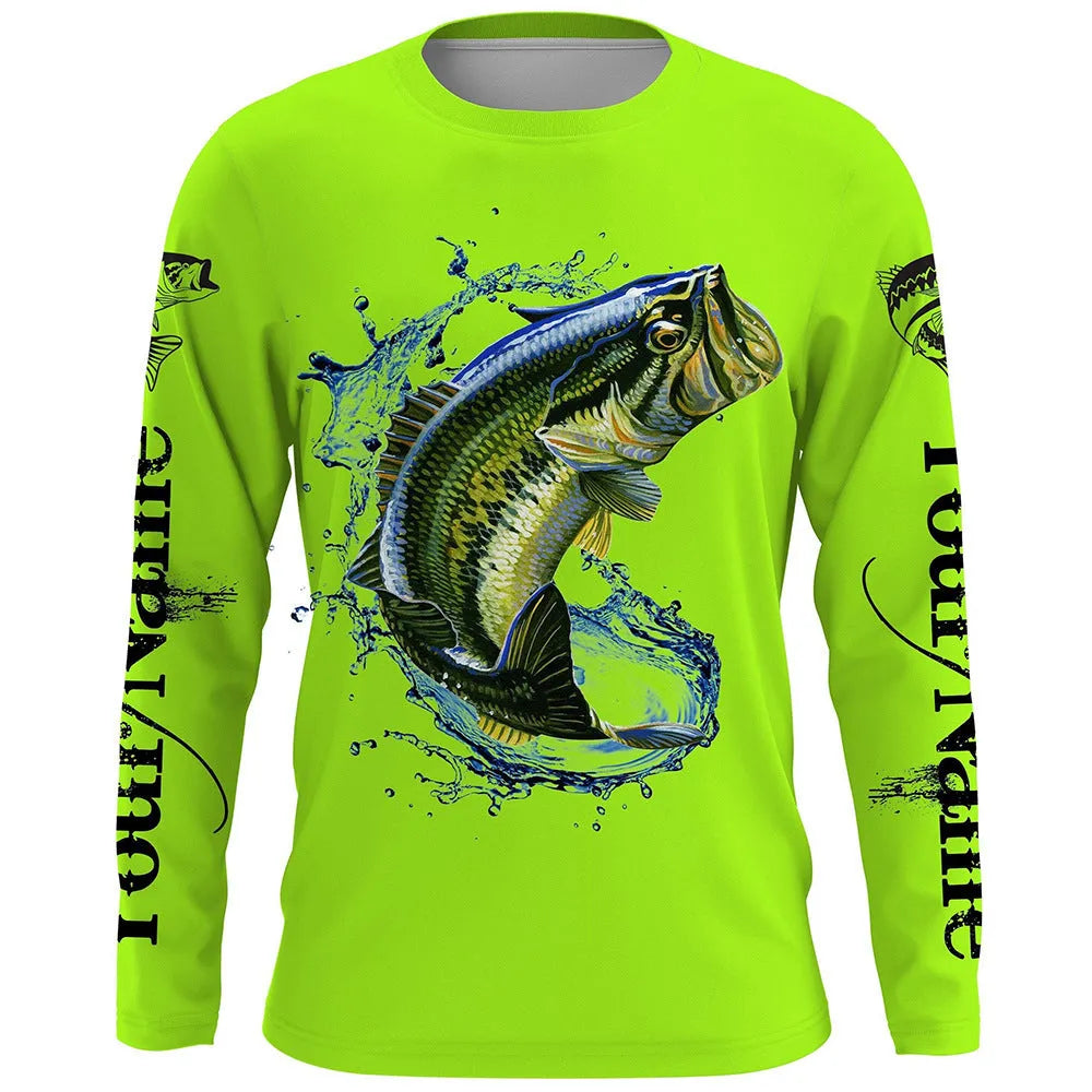 Men's grey pullover top with fish print design on front, round neck and long sleeves