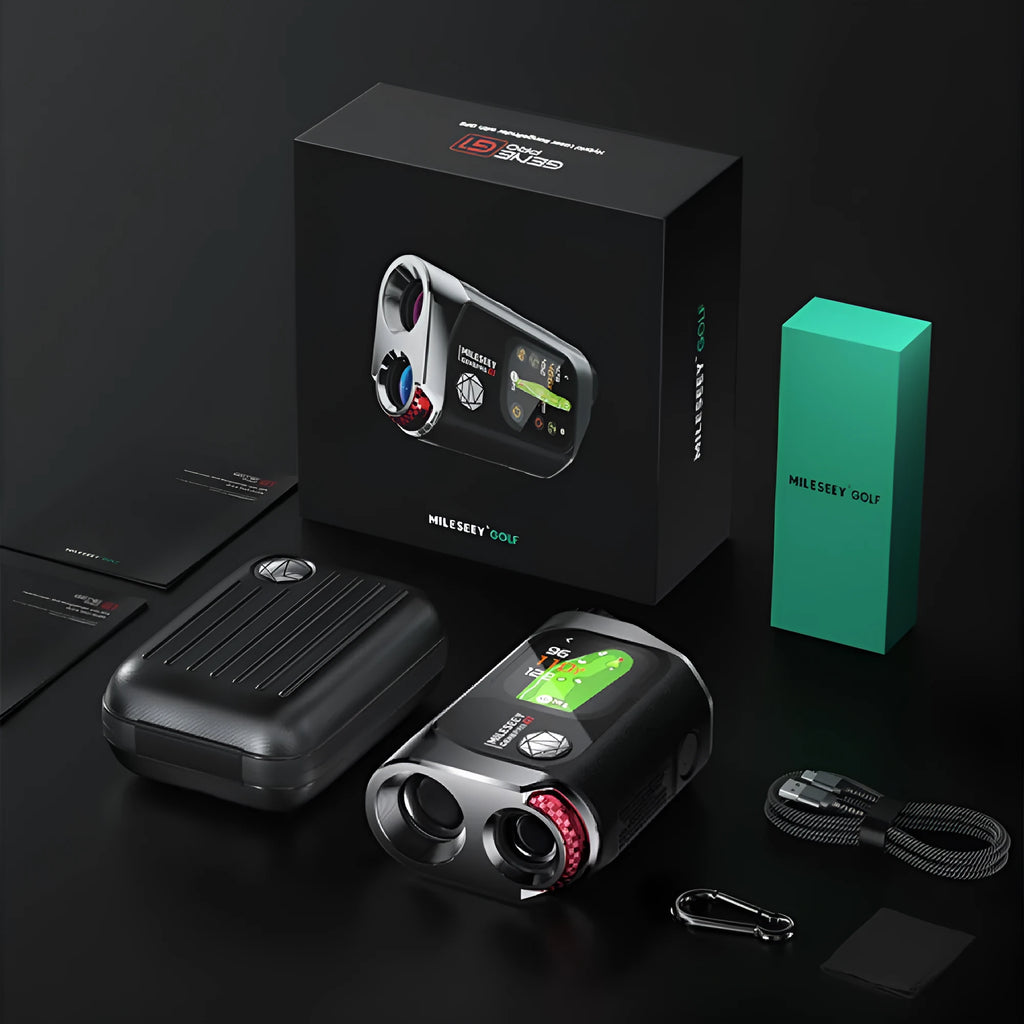 GenePro G1 black golf GPS rangefinder with AMOLED display showing distance measurement