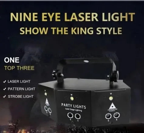 Professional nine-eye laser strobe light unit with DMX control and multi-colour laser outputs