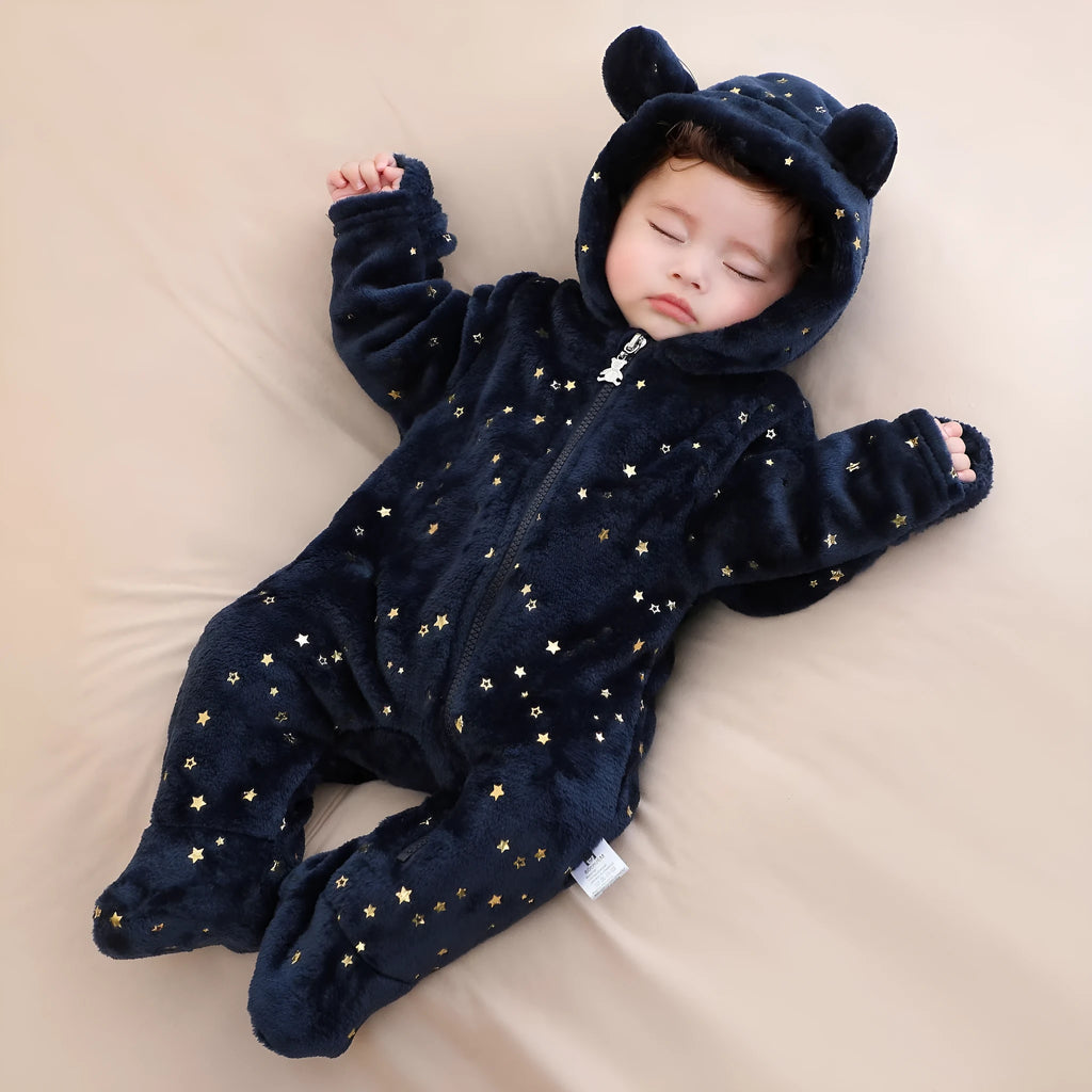 Fleece-lined flannel baby jumpsuit in dark blue, pink or white with bronzing bear or star design, sizes 50cm to 80cm
