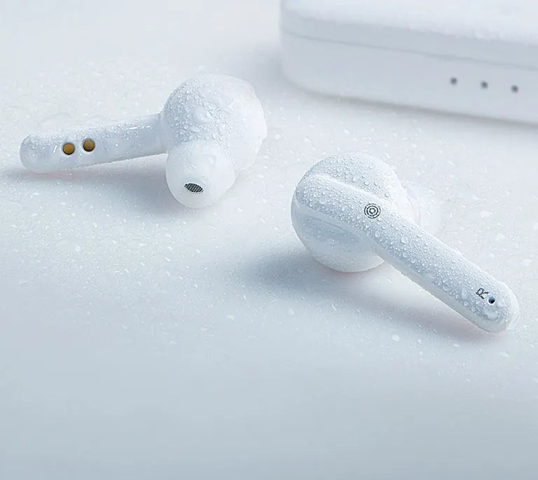 Black and white true wireless earbuds with Bluetooth 5.0 and IPX5 splash resistance.