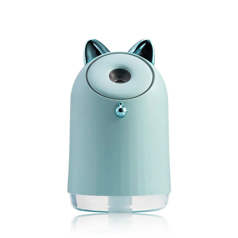 Compact USB humidifier table lamp with 250ml water tank, 145mm height, available in blue colour, sitting on a desk