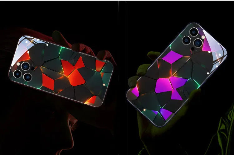 Xpress 14 iPhone case with illuminated LED light pattern on a tempered glass back.