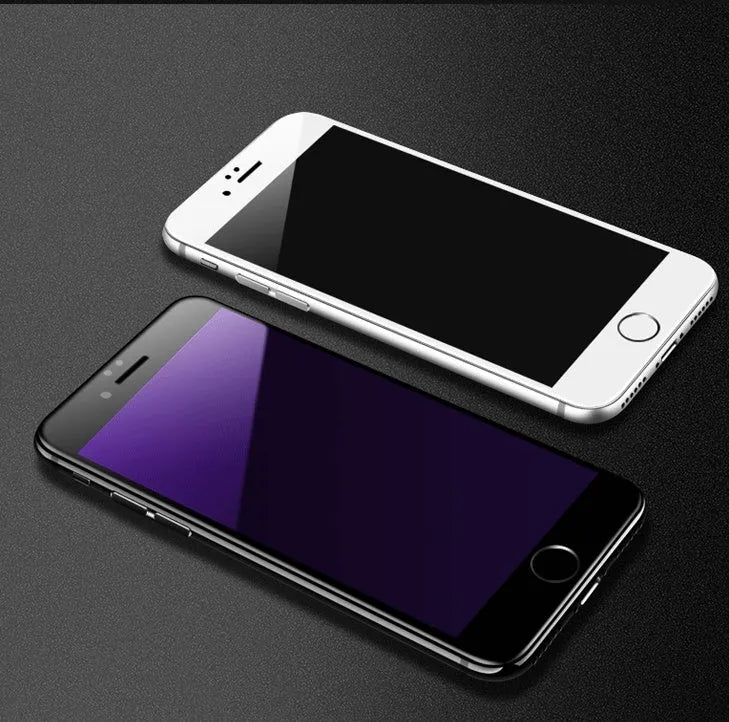 Black and white tempered glass screen protector for iPhone models showing soft edge HD and 3D carbon fibre design