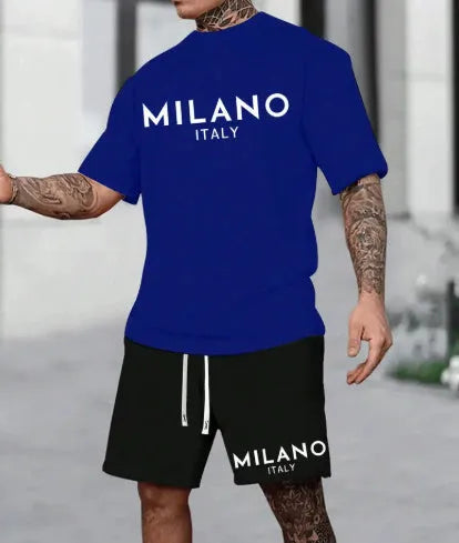 Men's casual two-piece suit set with round neck short sleeve t-shirt and matching shorts