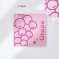 Square notebook with embossed fruit design cover, showing 14.5 cm dimensions and open pages.