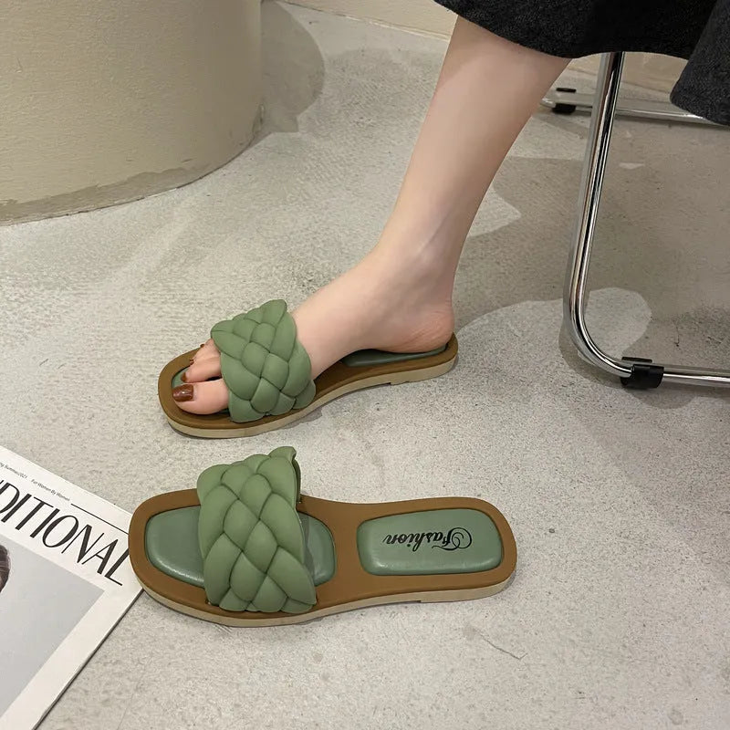 Women's plaid pattern PVC beach sandals with a thick textured sole, shown in green.