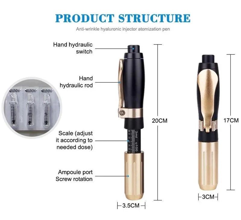 Black needle-free hyaluronic acid pen 16.5cm x 3cm with 0.01ml resolution for mesotherapy skin hydration