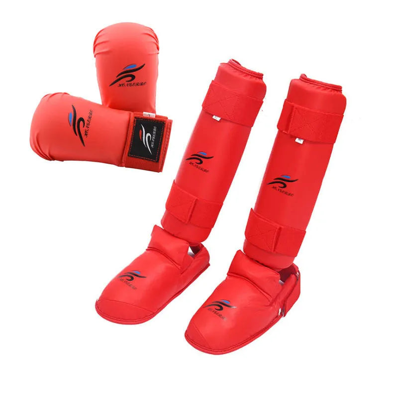 Blue martial arts protective gear set showing leg guards, helmet, and boxing gloves for karate taekwondo