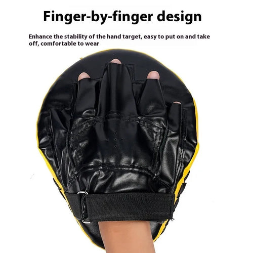 Boxing punch mitts and hand targets for Muay Thai training in curved and flat styles with multiple colour options