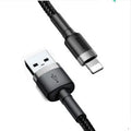 Red and deep space grey USB to Lightning charging cables in different lengths for iPhone.
