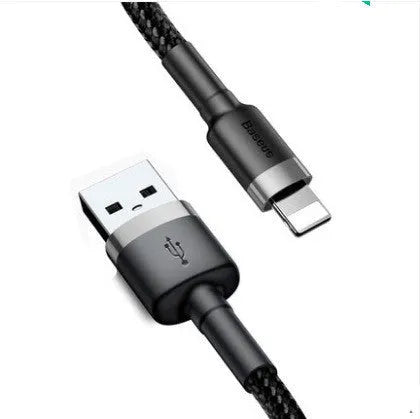 Red and deep space grey USB to Lightning charging cables in different lengths for iPhone.