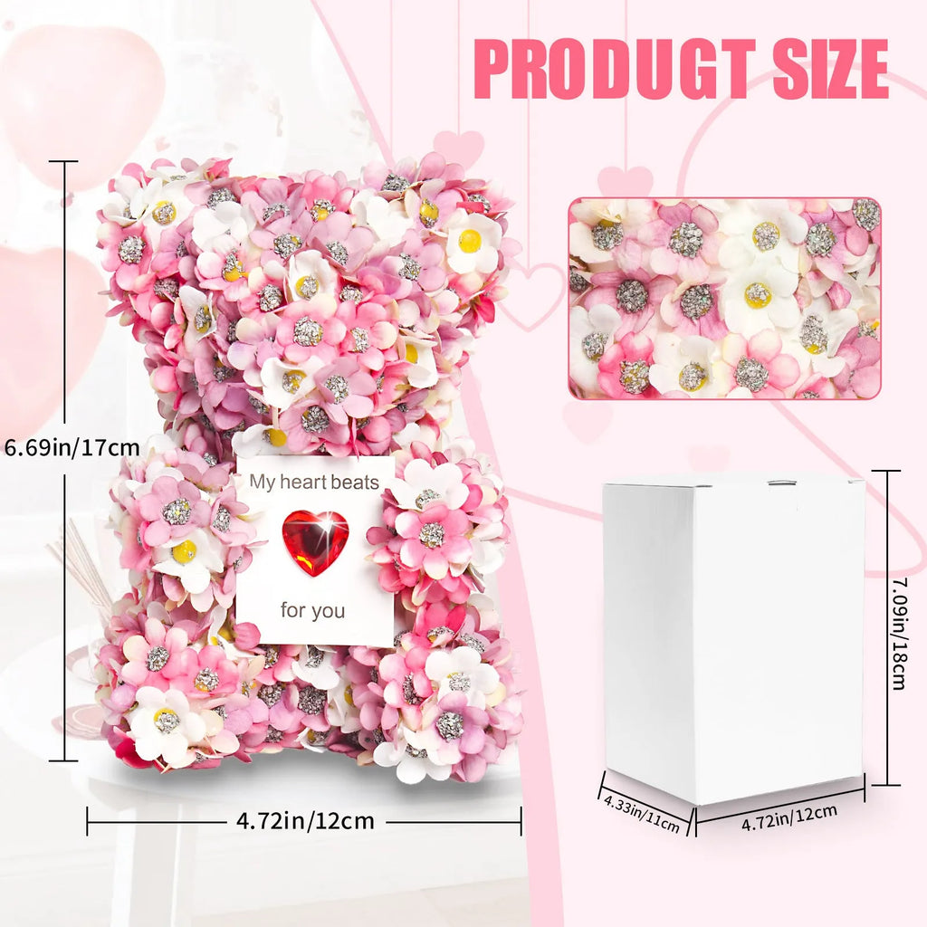 Pink handmade artificial rose bear ornament 17 cm tall polyester and foam construction Valentine's gift