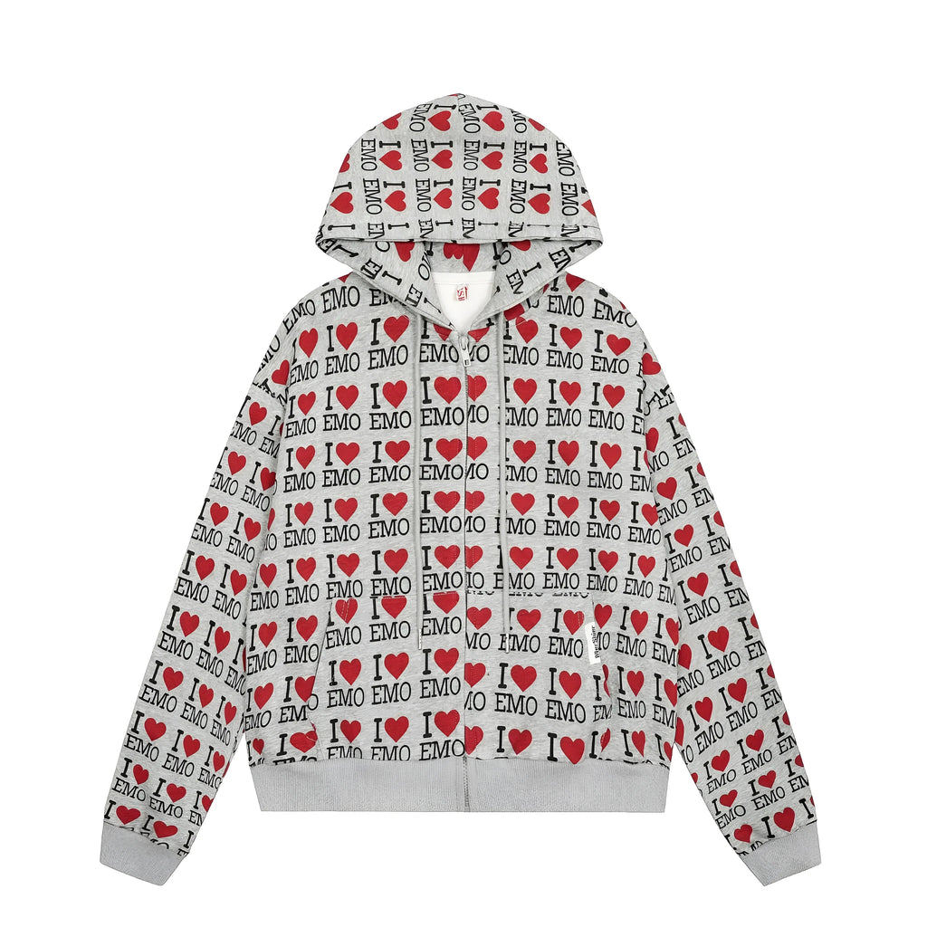 Women's mixed grey hooded cardigan sweater featuring an autumn retro pattern and long sleeves.