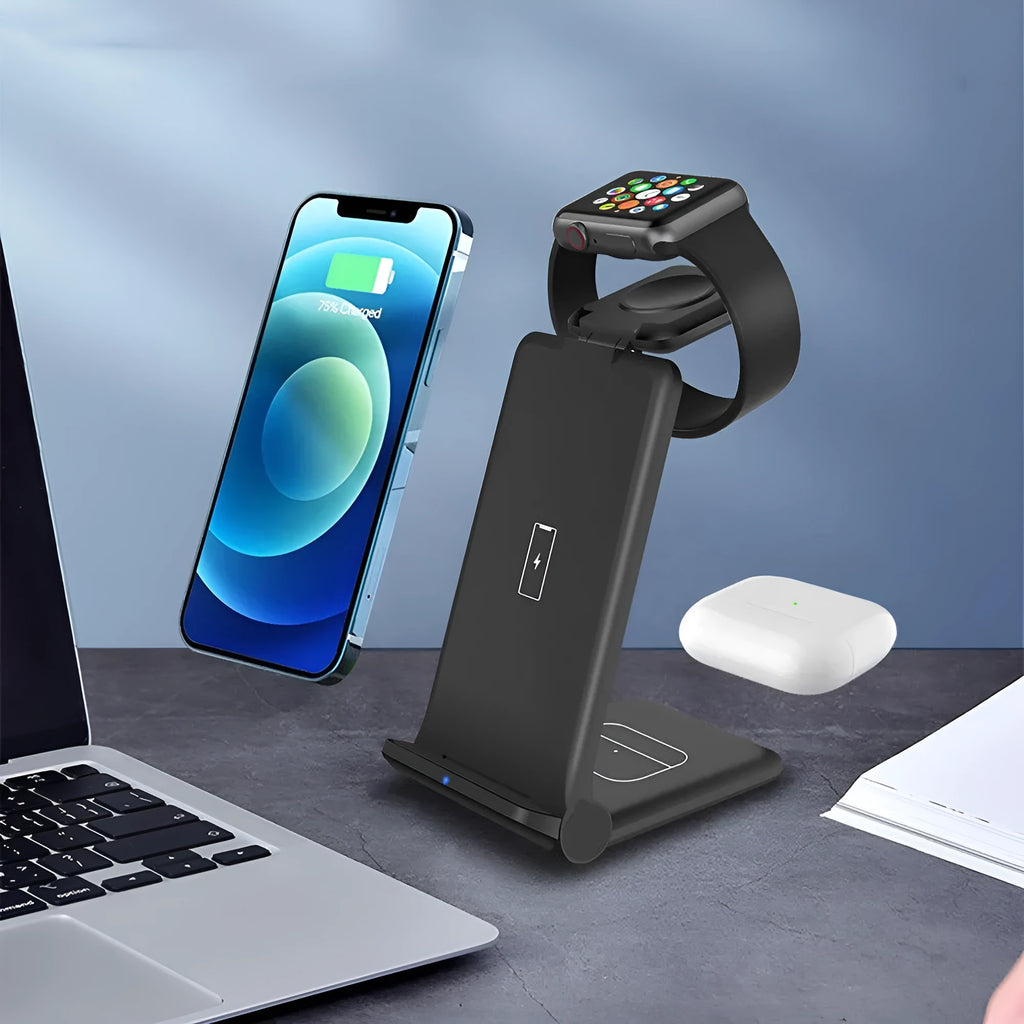 White 3-in-1 foldable wireless charging station showing iPhone, AirPods case, and Apple Watch on charging pads