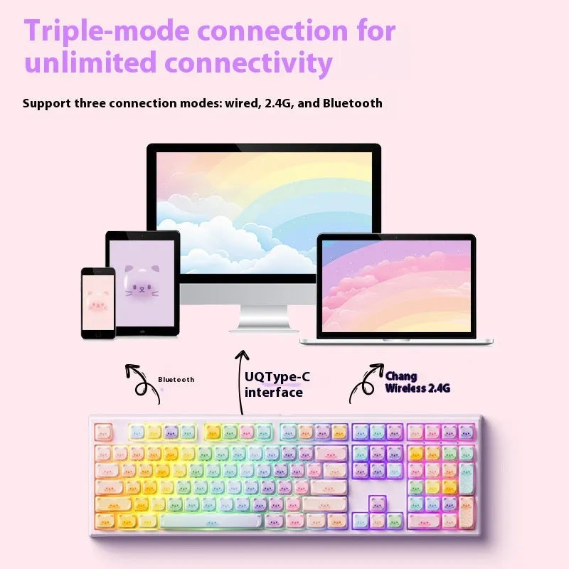 Coloured sugar cat themed mechanical keyboard with Bluetooth connectivity and MG108B piano shaft switches