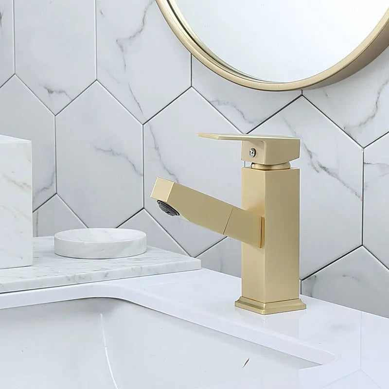 Brushed gold square pull faucet with brass construction and pull-out spout for kitchen sink hot and cold water