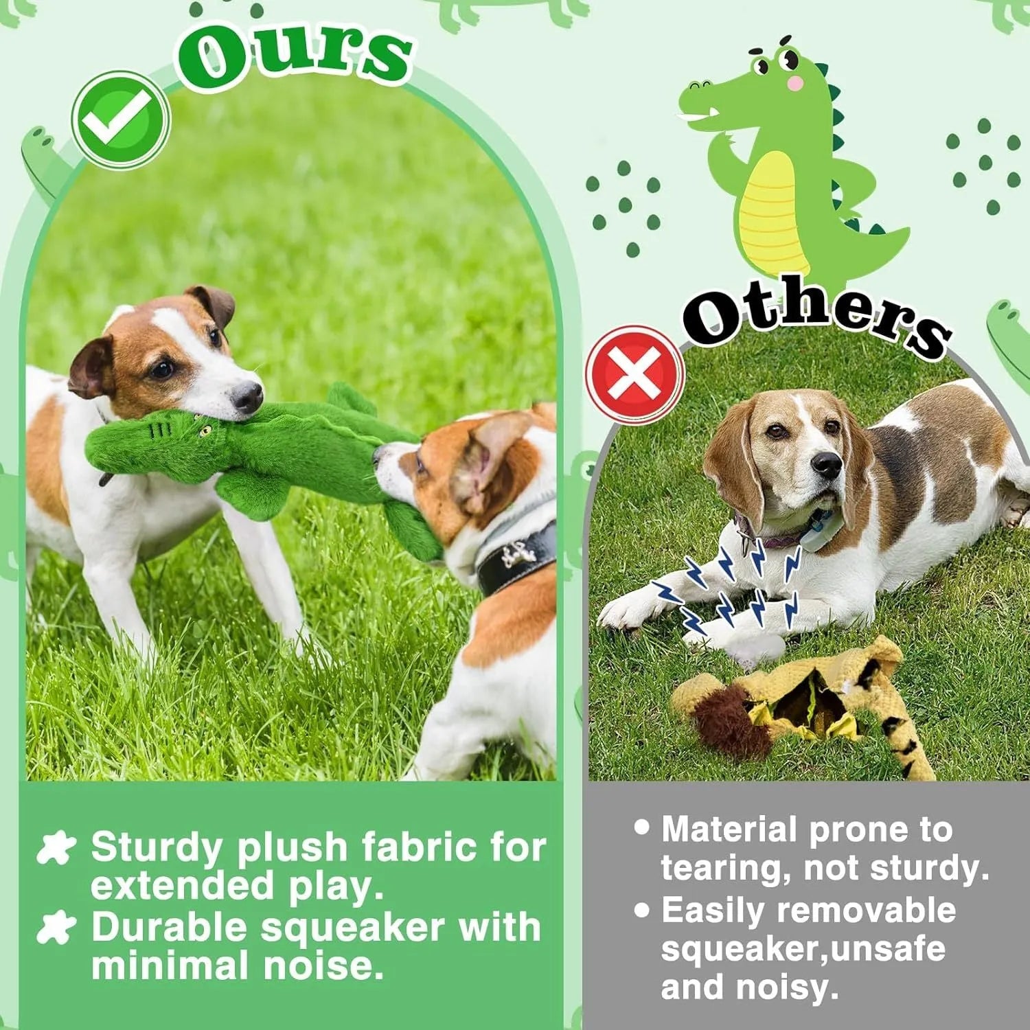 Green crocodile plush dog toy with squeaker and crinkle paper tail on a white background.