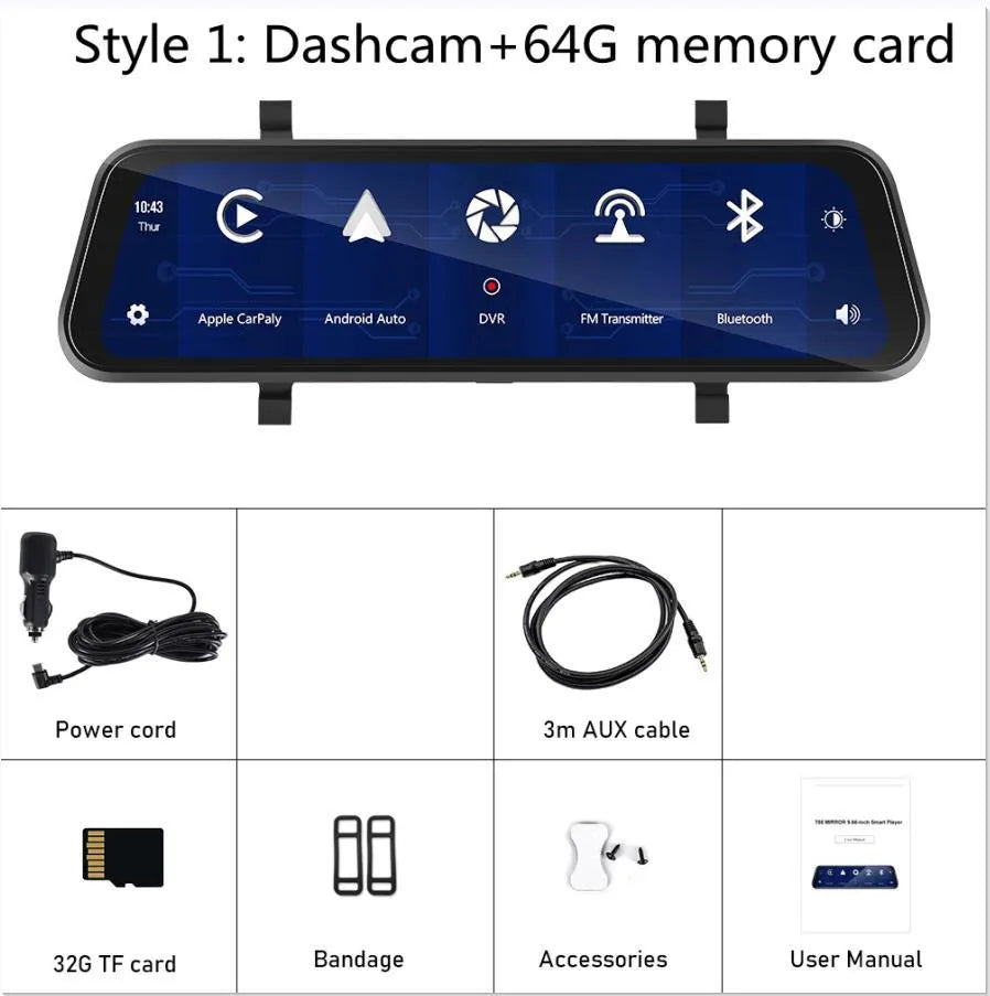 9.66-inch car dashboard camera and in-mirror video player system with wide-angle lens.
