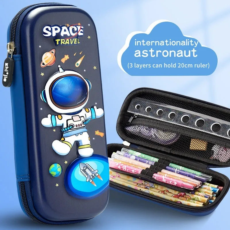 3D leather pencil case with embossed spaceship design organising pens and pencils